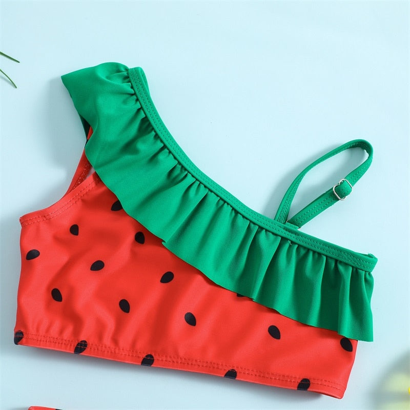 Watermelon Seeds Print Kid Girl Ruffle Bikini Set childrensterritory