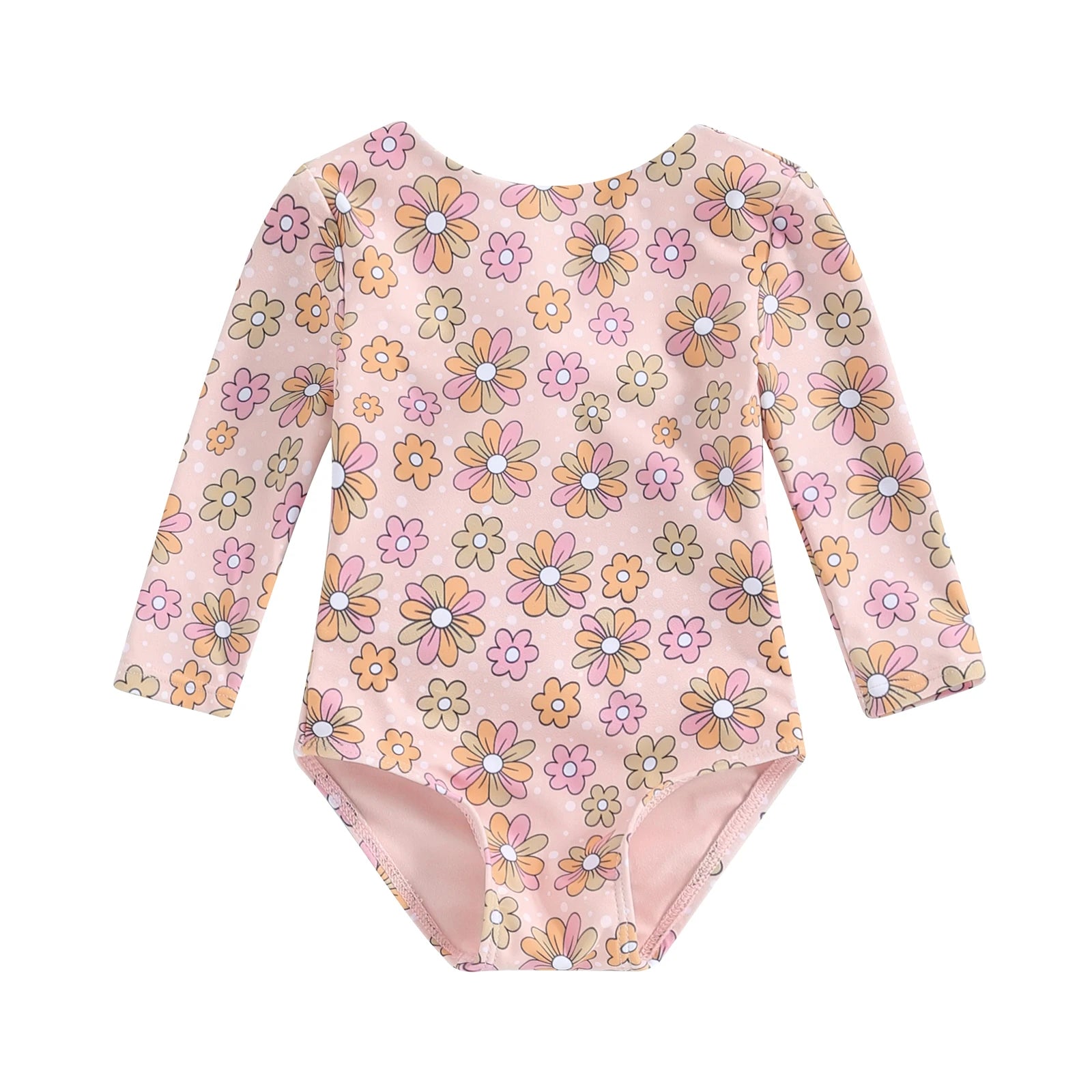 Little Girls Flower Print Long Sleeve Backless Tie-Up Swimsuit