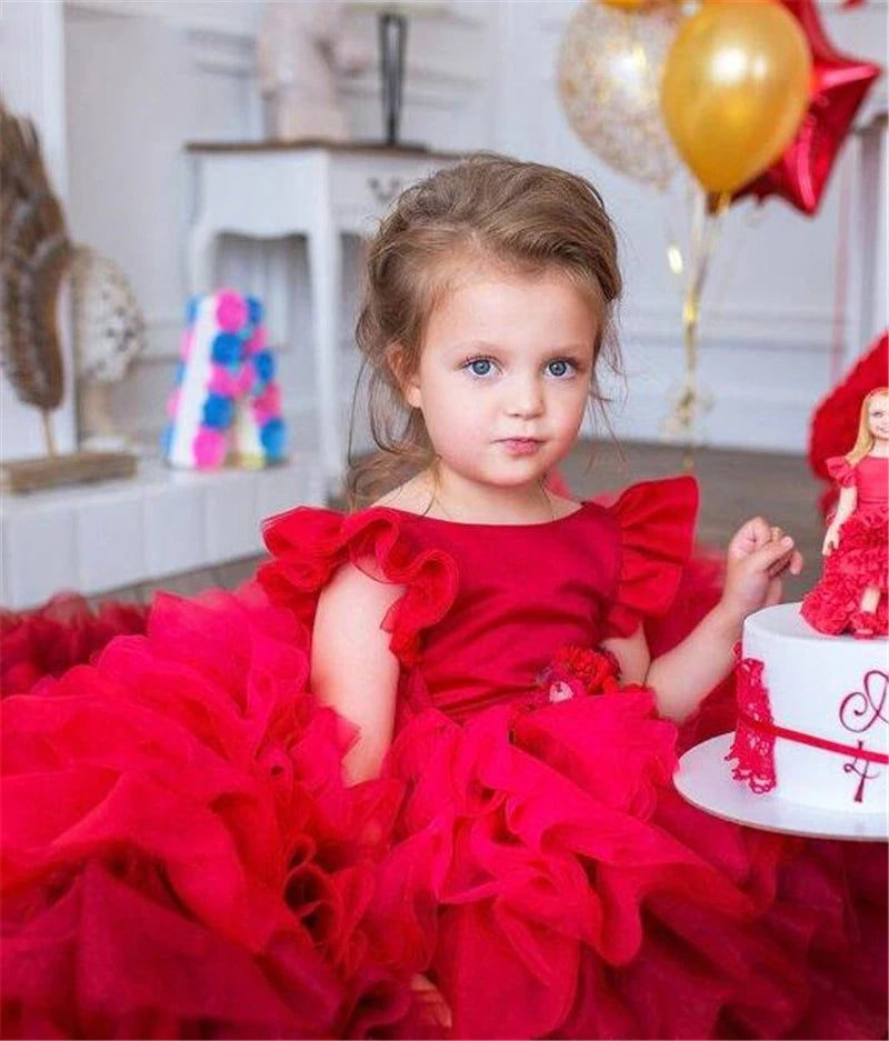 Kids Girls Tulle Red High/Low Fluffy Princess Wedding Dress childrensterritory