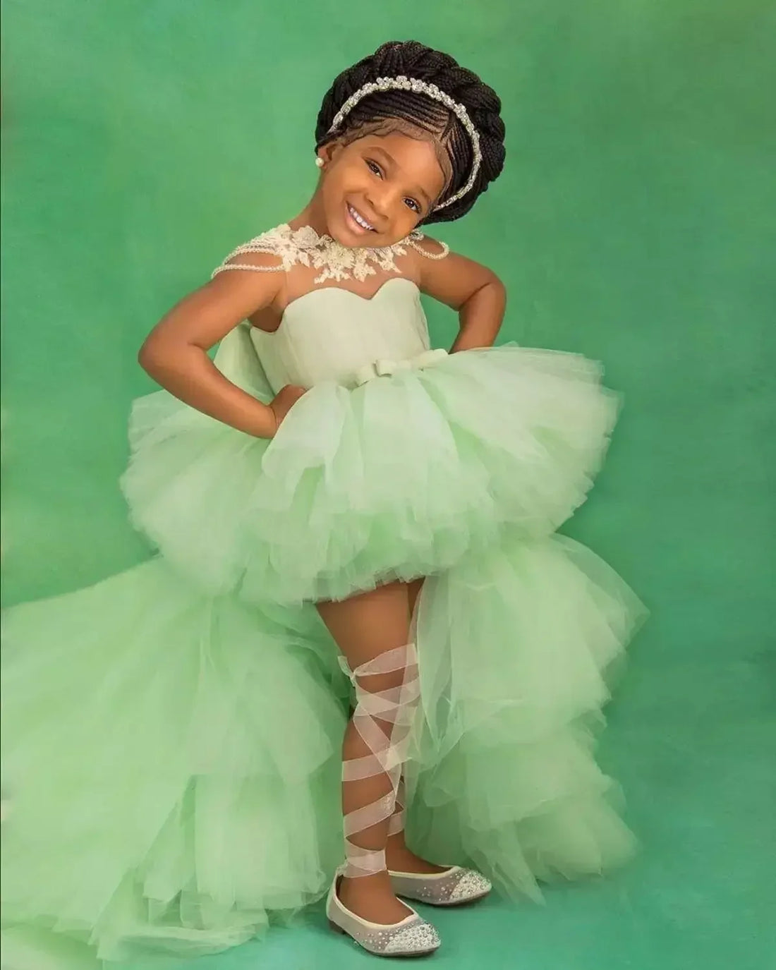 Little Girls Mint Green Tiered High-Low First Communion Gown