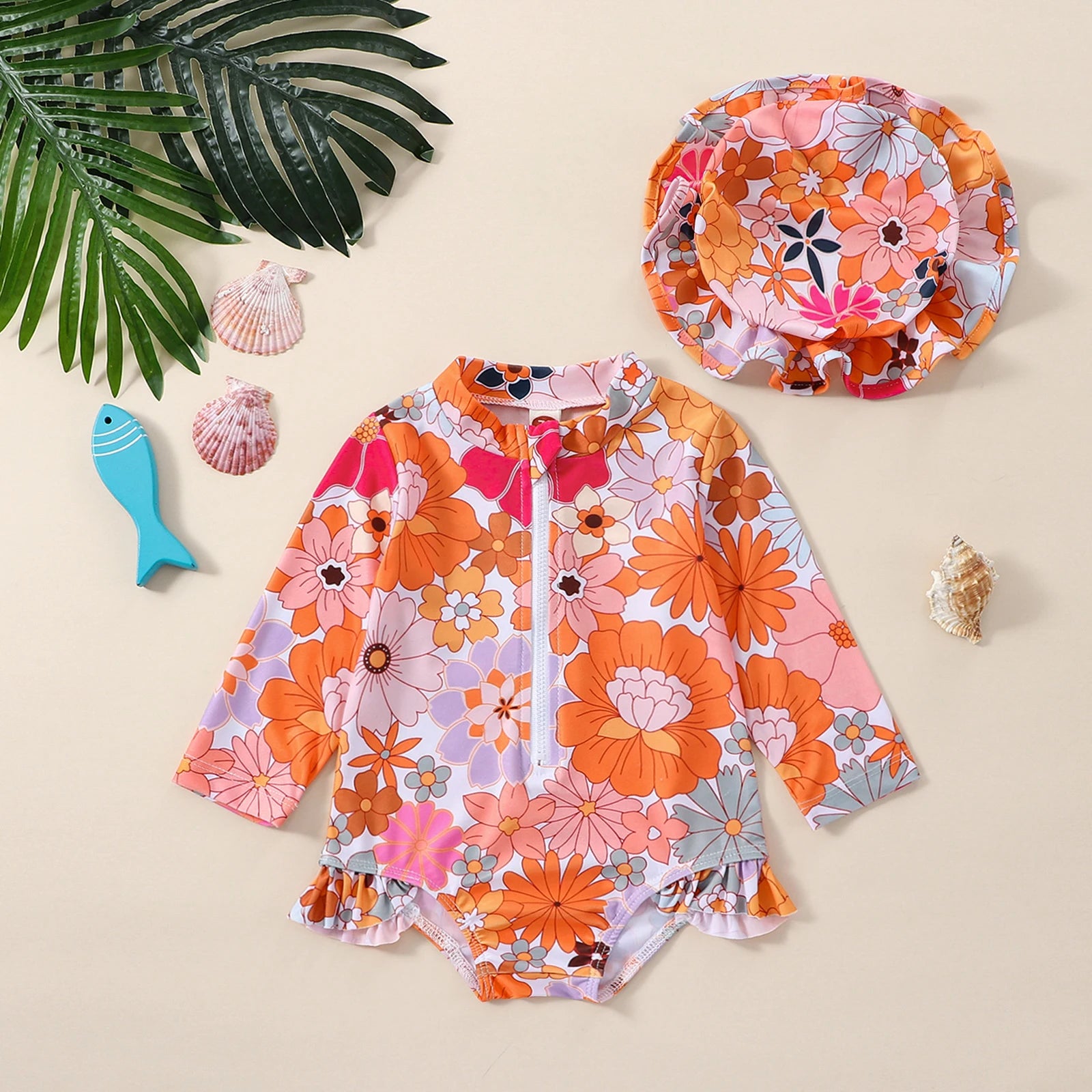 Tie-Up Hollow-Out Kids Girls Floral Print Swimwear with Hat