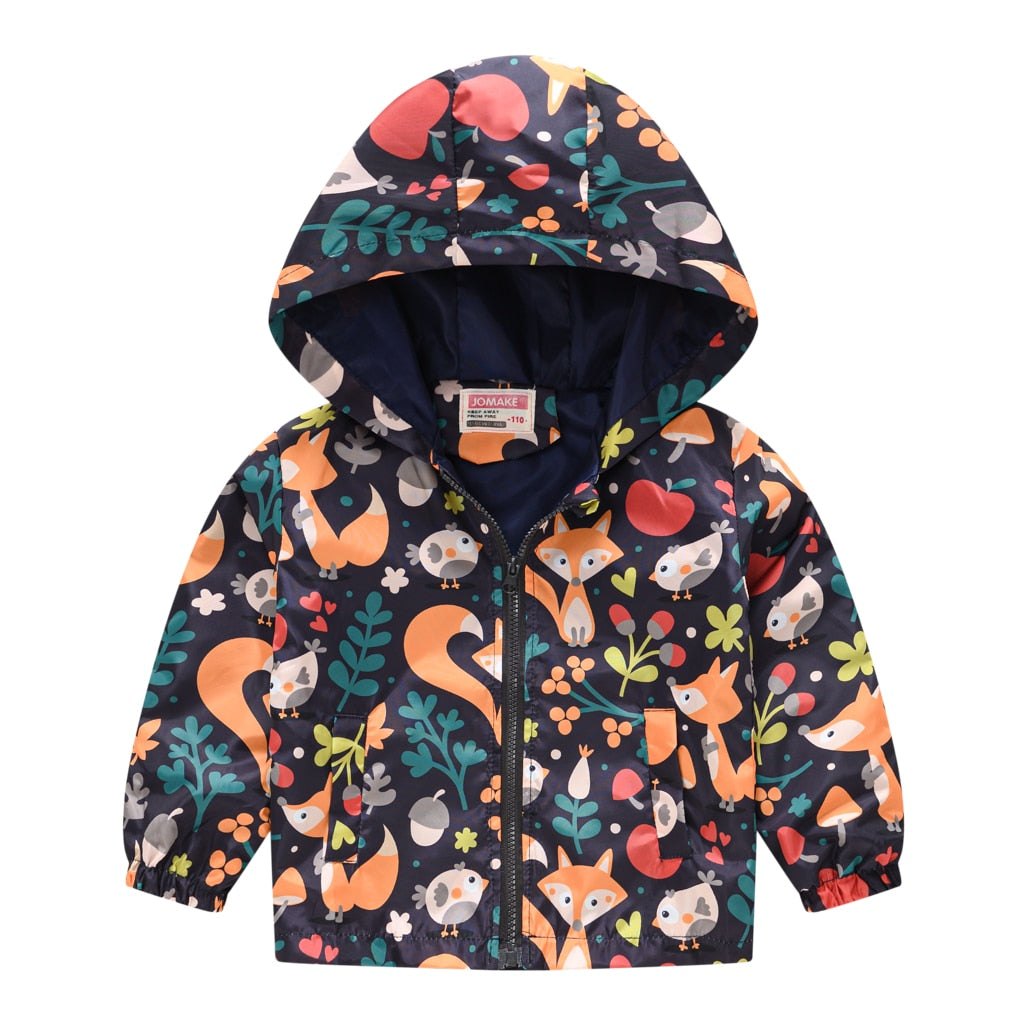 Kids Girls Colorful Cartoon Prints Windproof Hooded Jackets childrensterritory