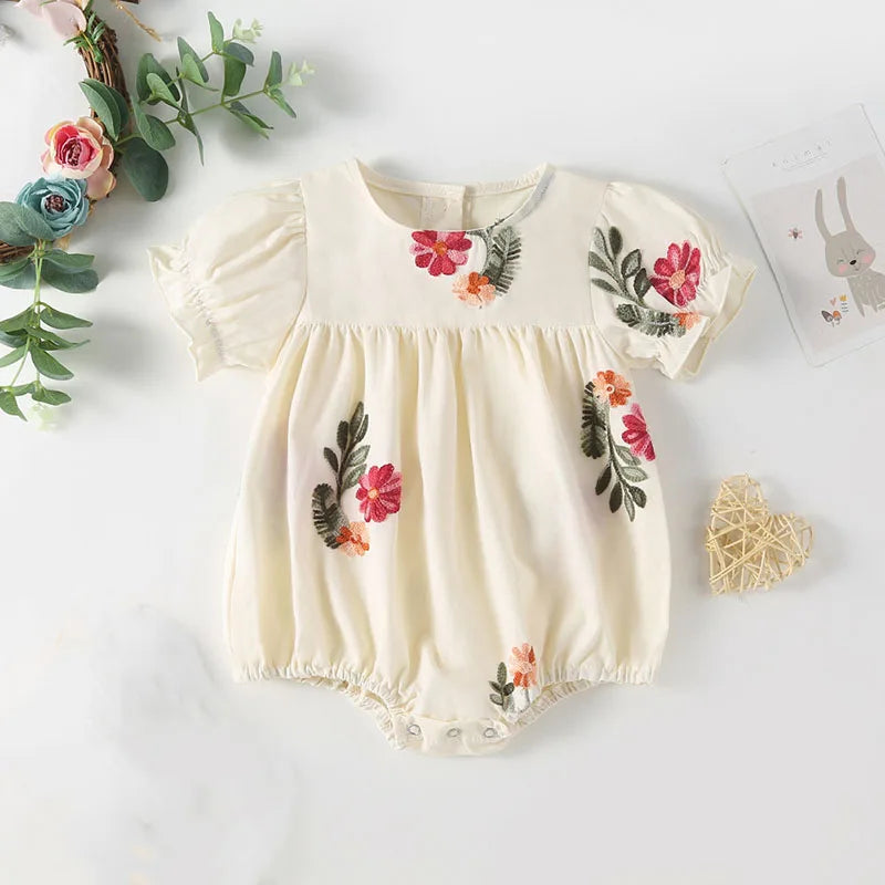 Baby Girl Floral Puff Sleeve Embroidered Bodysuit Sets