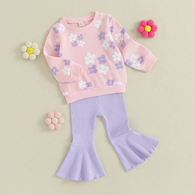 Floral Print Tops with Flare Pants Fall Clothing Set for Girls childrensterritory