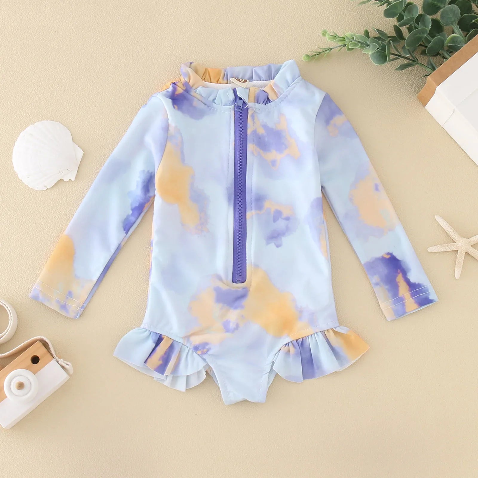Tie-Dye Ruffles Kids Girls Zipper Beachwear Swimwear
