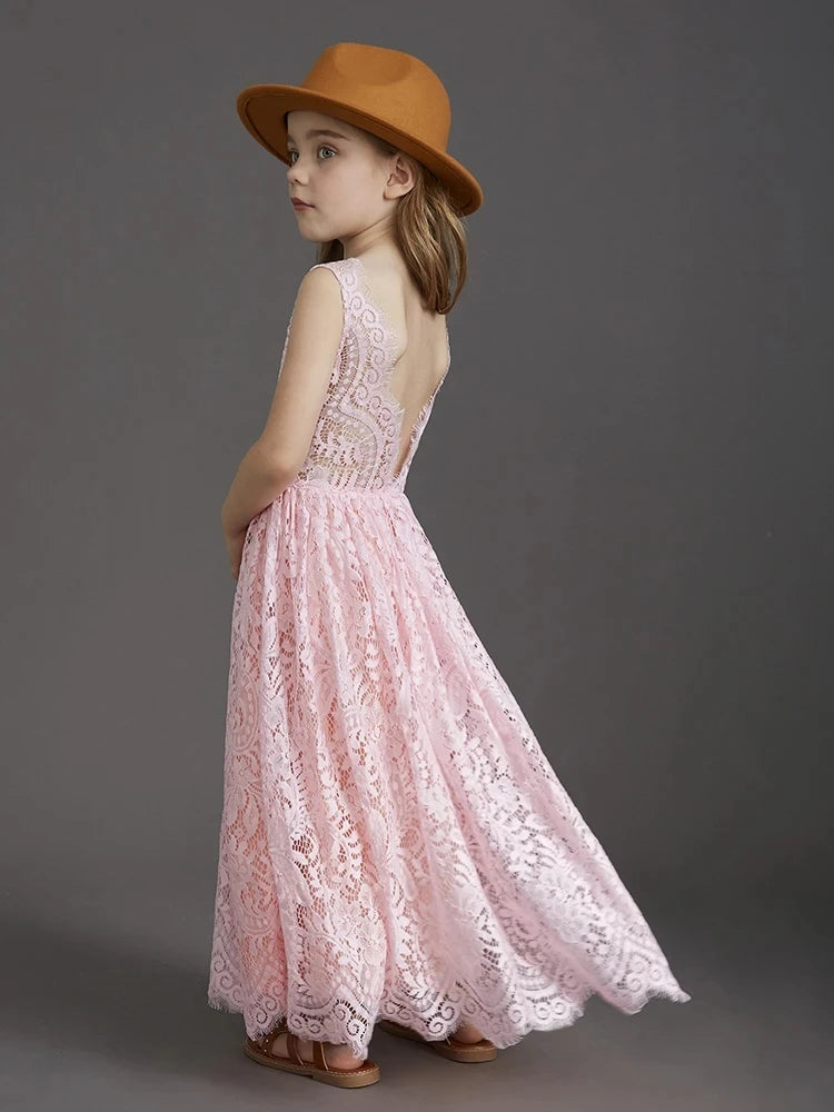 Solid Lace Design Long Wedding Flower Girl Cotton Dresses
