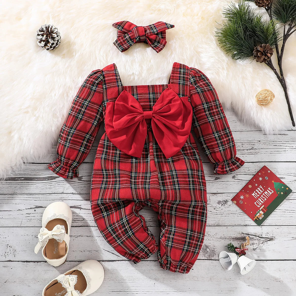 Baby Girls Long Sleeves Plaid Jumpsuit for New Year