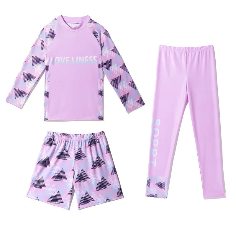 Long Sleeve Printed Sun Protection Kids 3 Piece Swimsuit