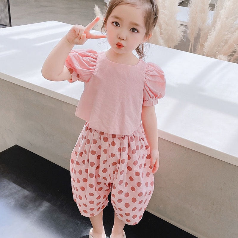 Kids Girls Backless Short Sleeve Top + Loose Cropped Pants Set childrensterritory