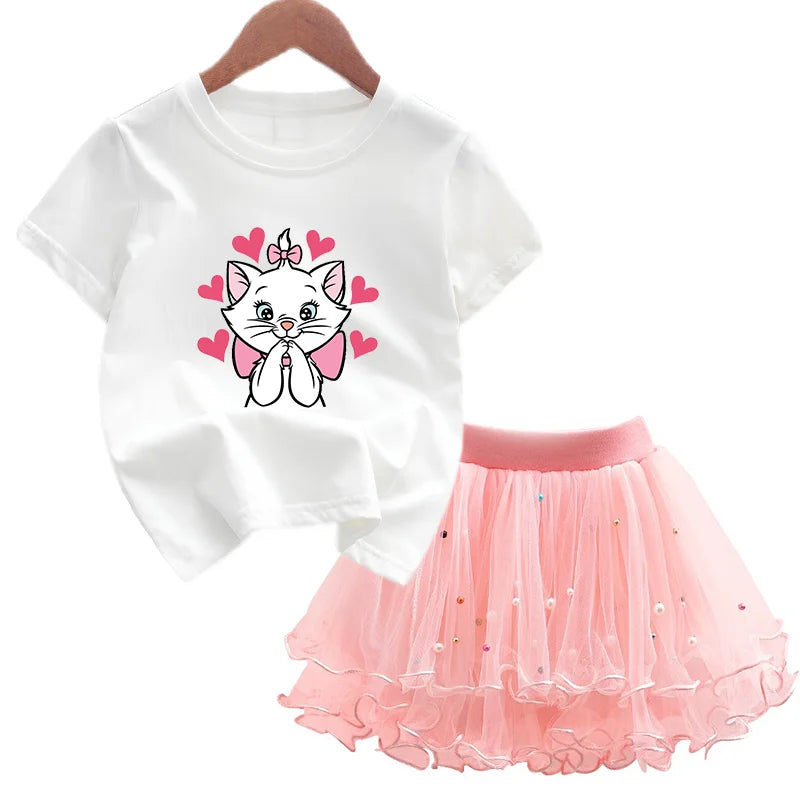 Kids Girls Marie Cat Design Summer T-shirt & Tutu Skirt Set childrensterritory