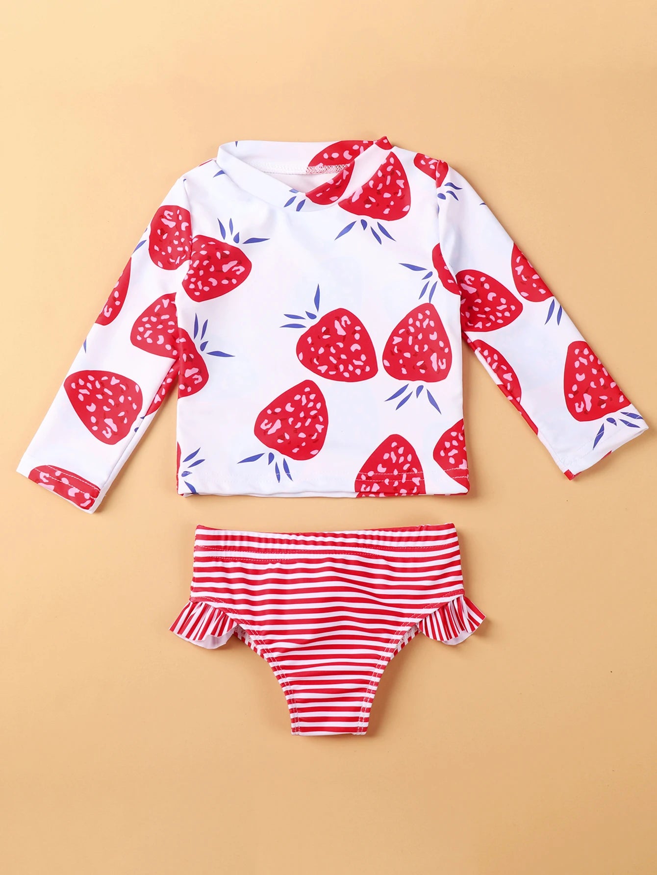 Strawberry Print Long Sleeve Beachwear for Little Girls childrensterritory