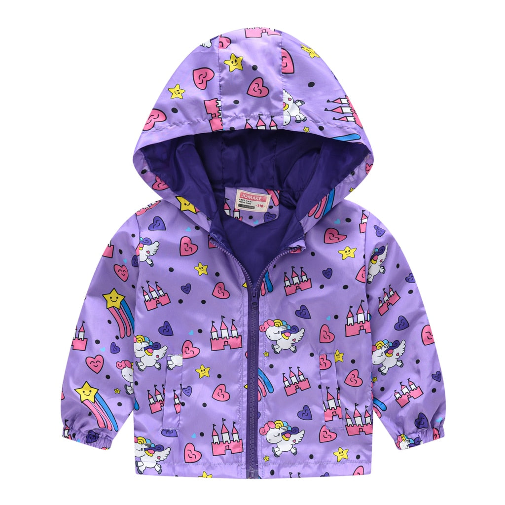 Kids Girls Colorful Cartoon Prints Windproof Hooded Jackets childrensterritory