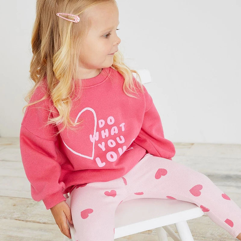 Kids Girls Heart Print Pink Cotton Hoodie and Legging Sets for Autumn childrensterritory