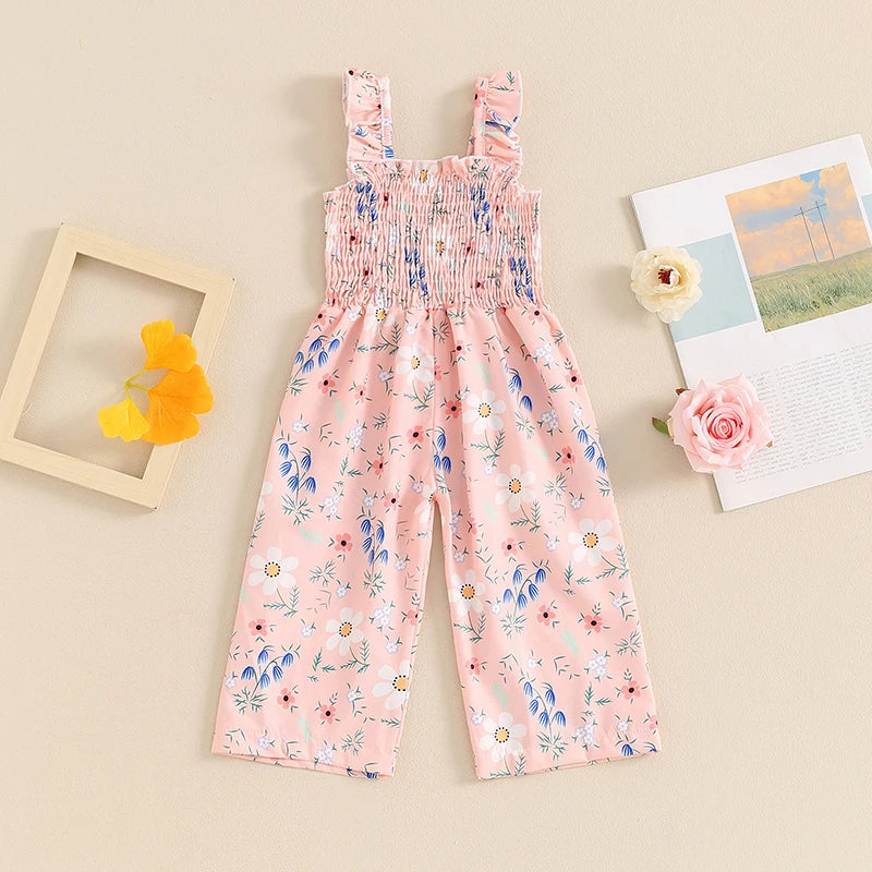 Little Girls Lovely Floral Print Wide Leg Summer Jumpsuit childrensterritory