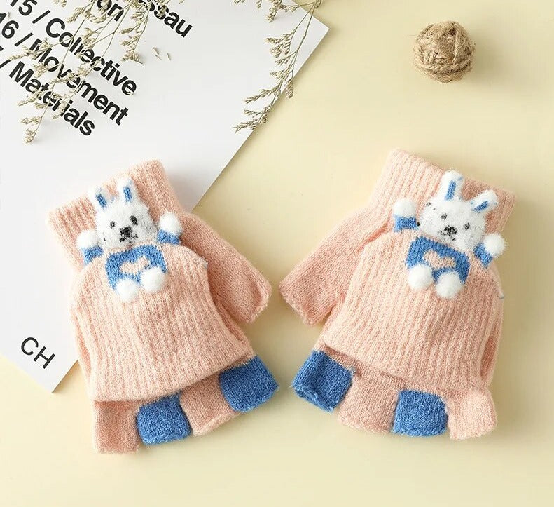 Cartoon Bunny Warm Half Finger Flip Gloves for Kids childrensterritory