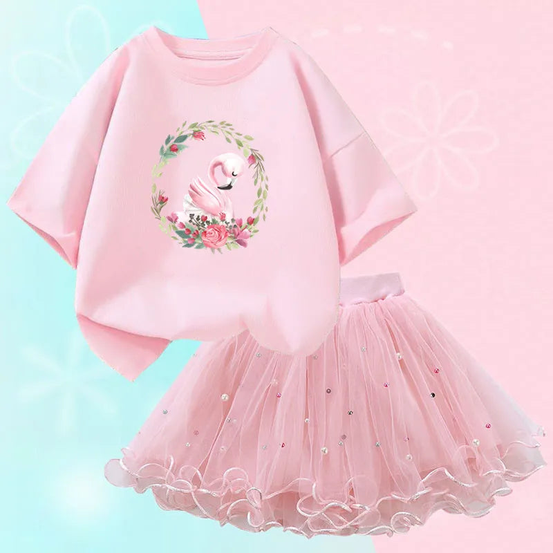 Kids Girls Flamingo T-Shirt & Mesh Skirt Pretty Outfits childrensterritory