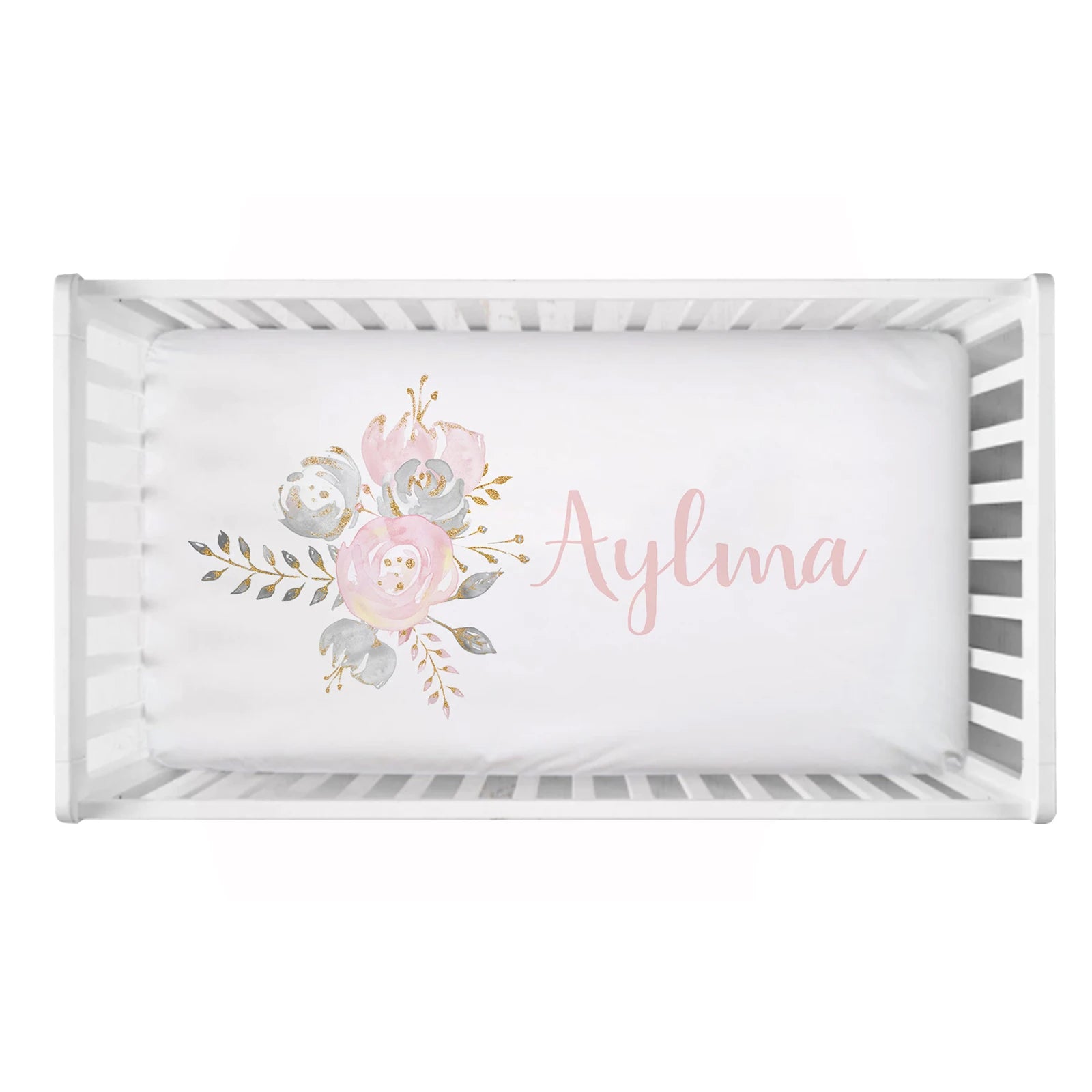Baby Shower Gift: Customized Blush Gold Floral Bedding Set