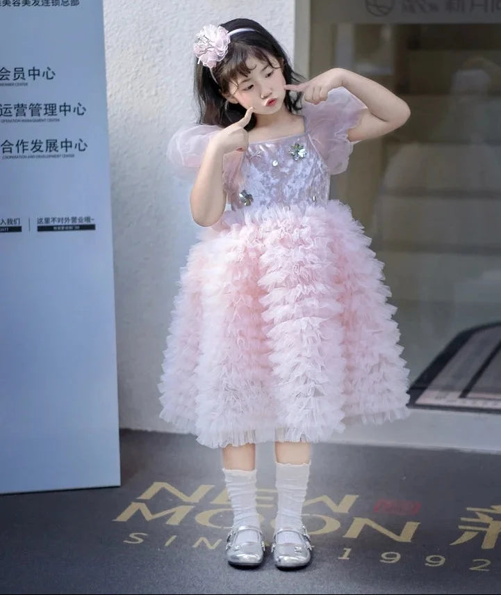 Little Girls Pink Tulle Tiered Gown for Birthday, Wedding, Baptism