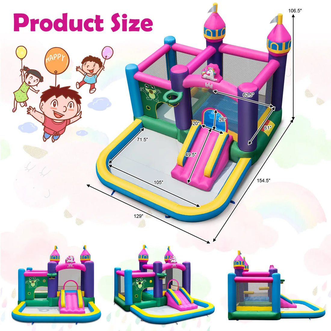 6-in-1Unicorn-themed Kids Inflatable Bounce House W/ 735W Blower childrensterritory