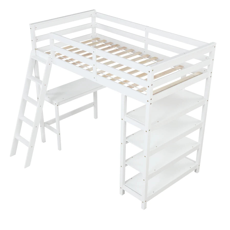 Stylish Kids Twin Loft Bed with Shelves, Desk, and Ladder childrensterritory
