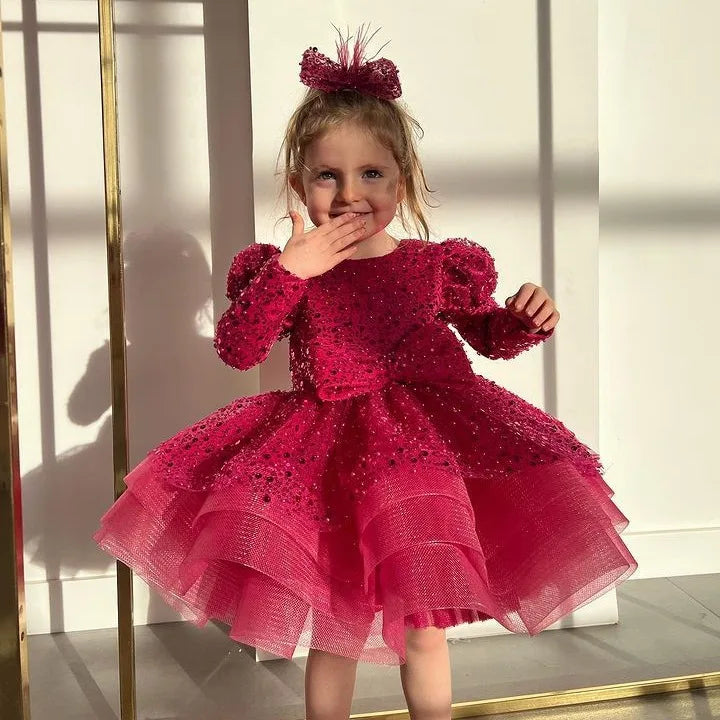 Luxury Long-Sleeved Sequined Fluffy Chiffon Wedding Party Dress childrensterritory