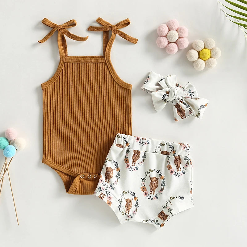 Baby Girl Sleeveless Romper and Print Shorts Set