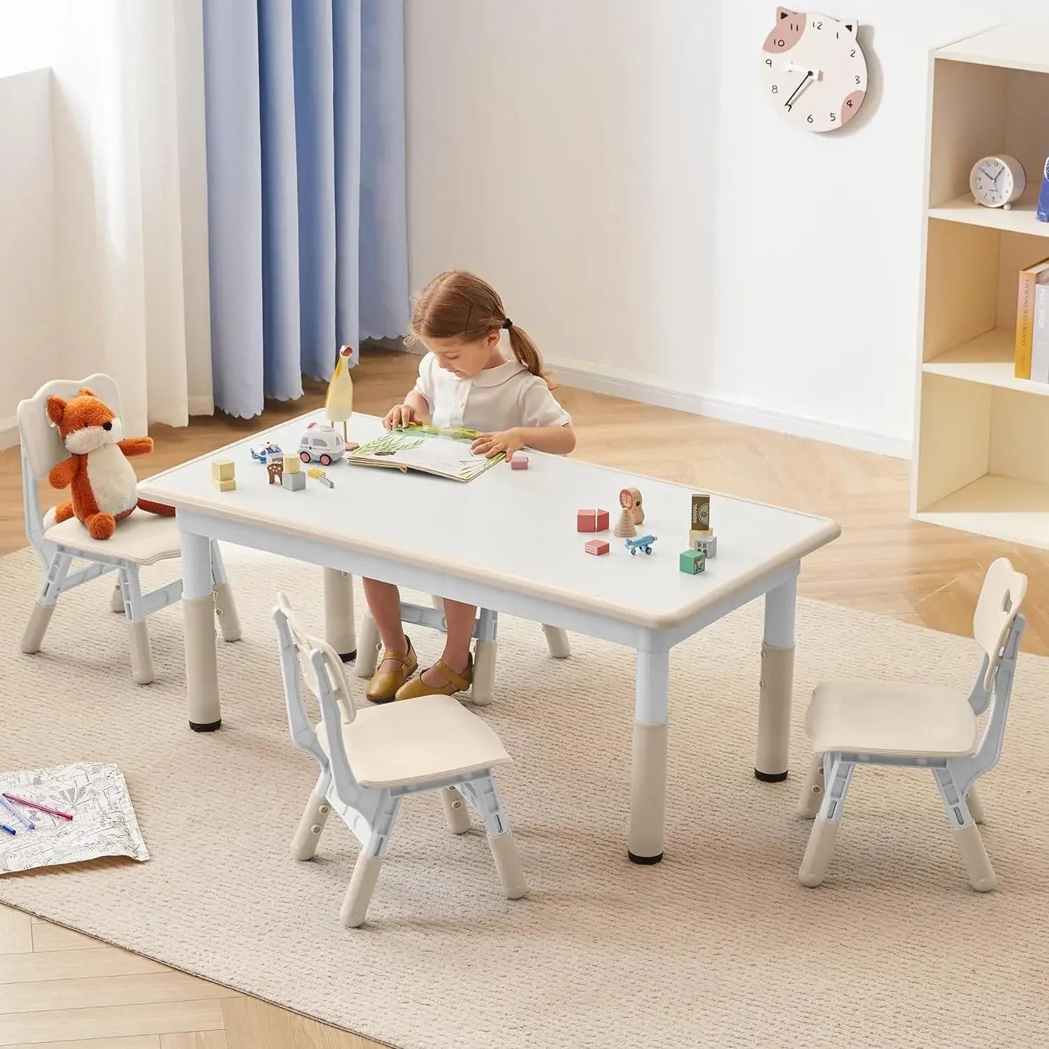 Durable Kids Study Table and Chairs Set with Adjustable Height
