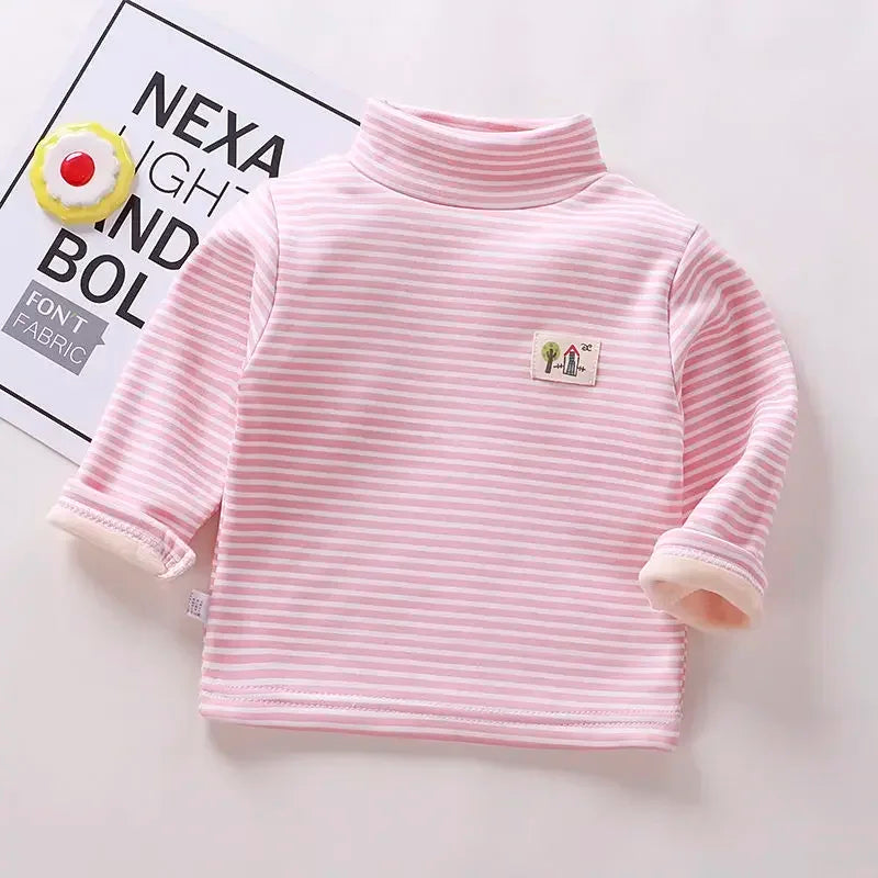 Kids Korean Style Turtleneck Striped Design Velvet Winter T-shirts childrensterritory