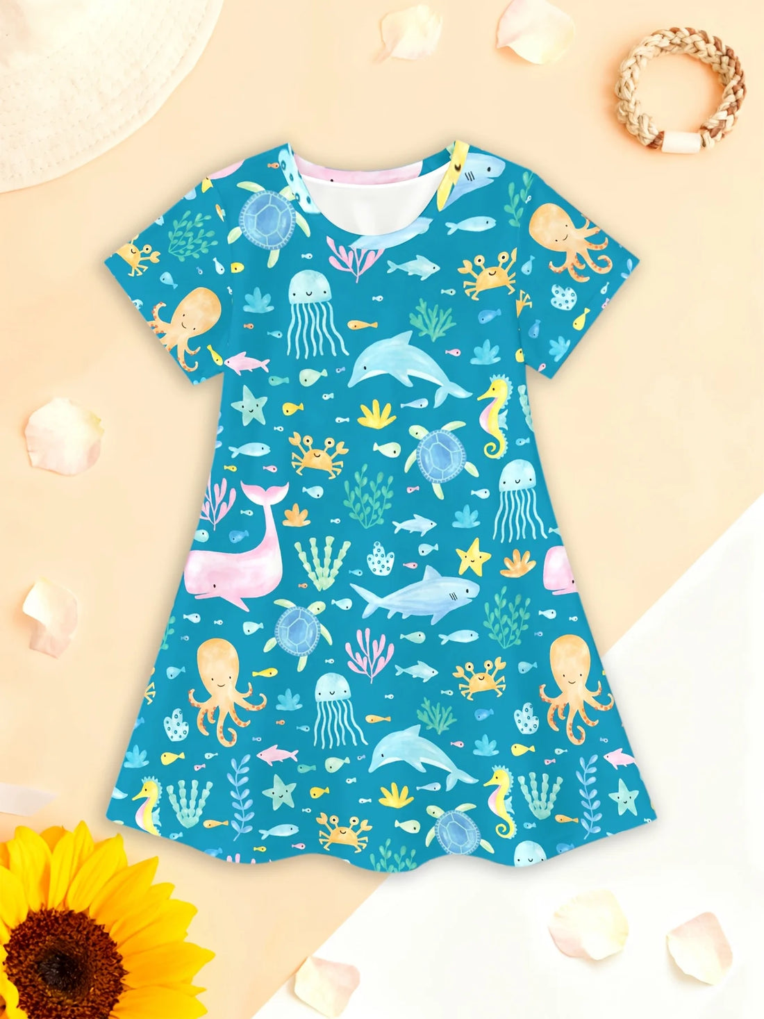 Kids Sea World Print Short Sleeve Dress for Girls