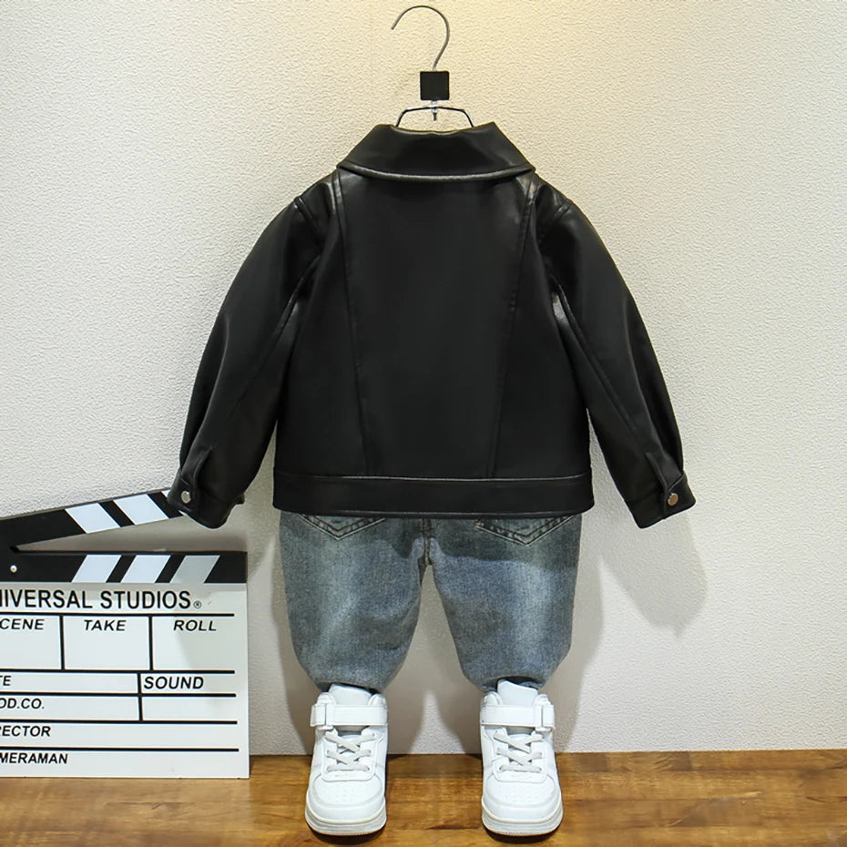 Solid Color Casual Style Leather Jacket for Little Boys childrensterritory