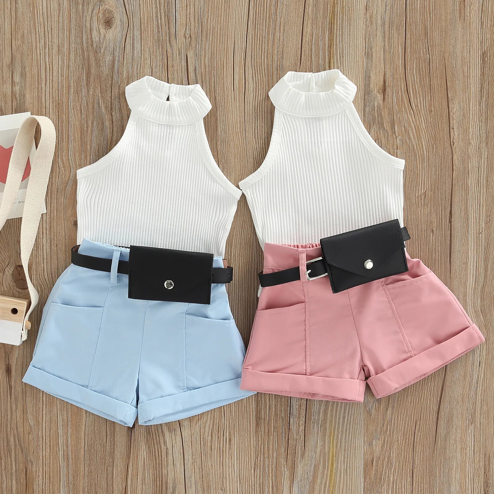 Little Girl Three-Piece Sleeveless Top + Belted Short Pants Outfit childrensterritory