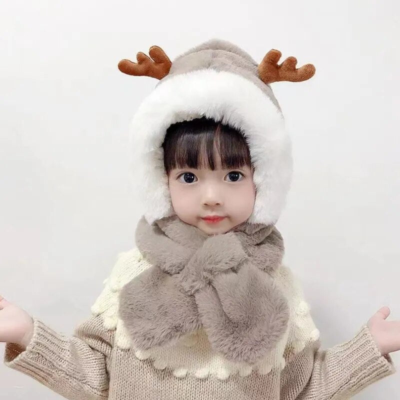 All In One Plush Windproof Deer Warm Hats for Kids childrensterritory