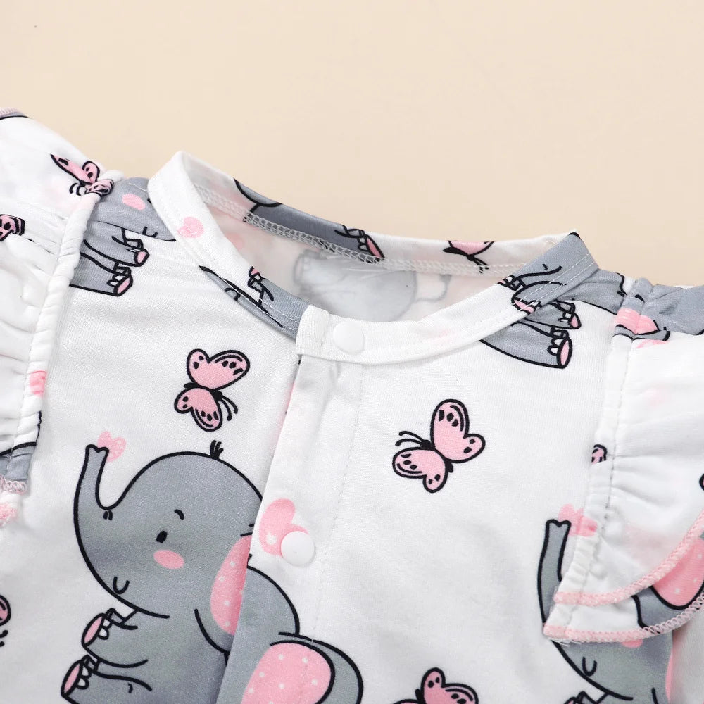 Long Sleeve Elephant Print Baby Girl Romper