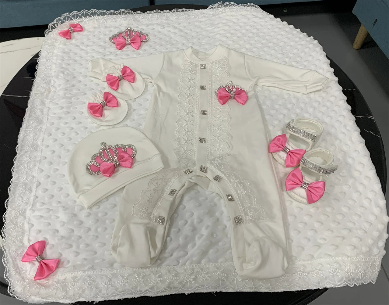 5pcs Sequin Bling Crown Design Baby Girl Welcome Home Outfits childrensterritory