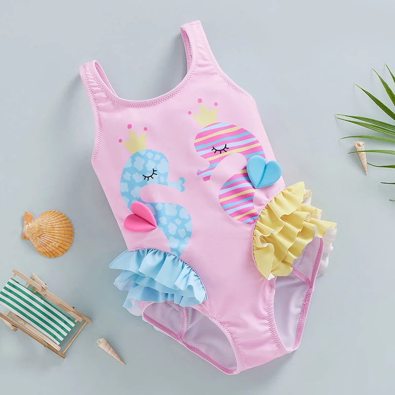 Cartoon Seahorse Print Sleeveless Kid Girl Swimsuit