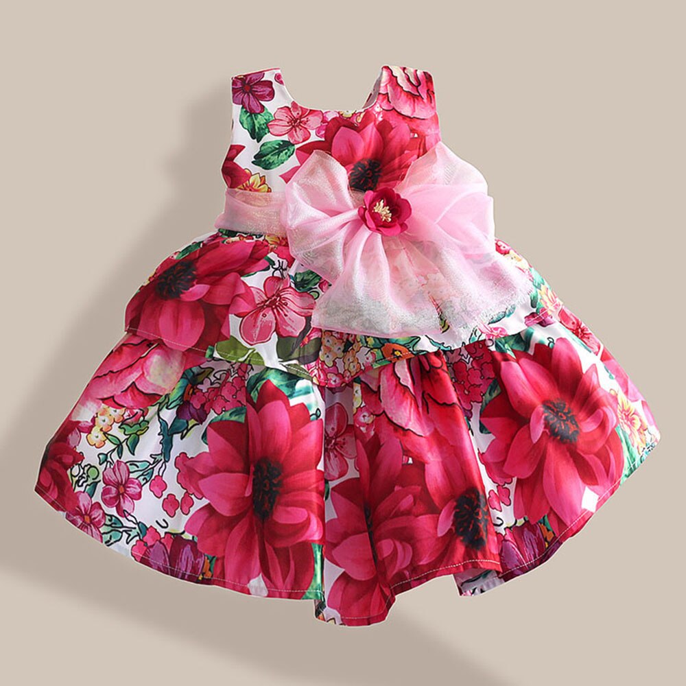 Silk Bow Rose Flower Print Sleeveless Toddler Girls Party Dresses childrensterritory