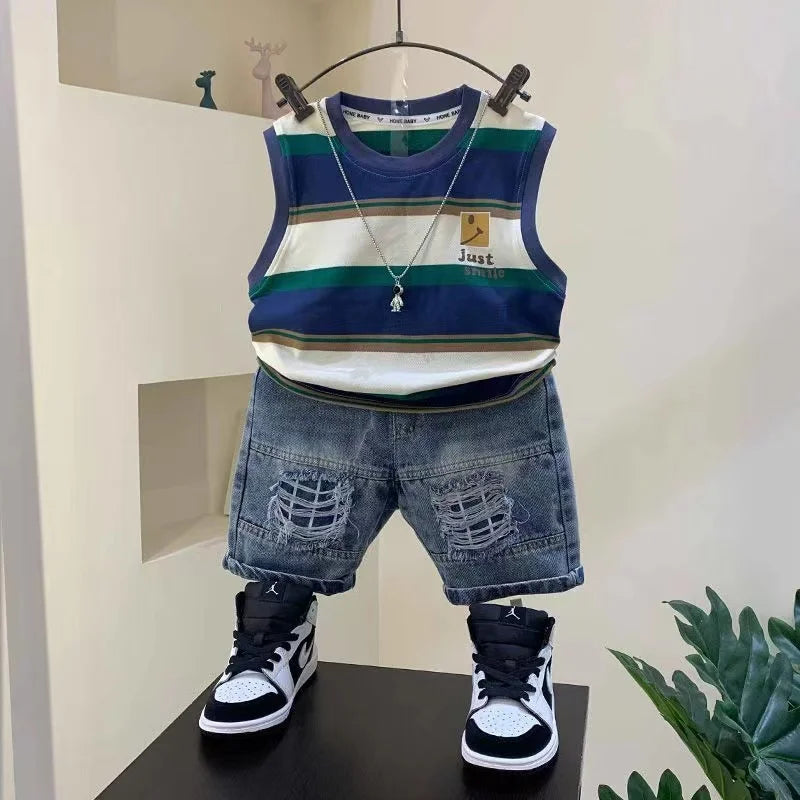 Little Boys Striped Sleeveless Shirt And Jeans Shorts Suit Set childrensterritory