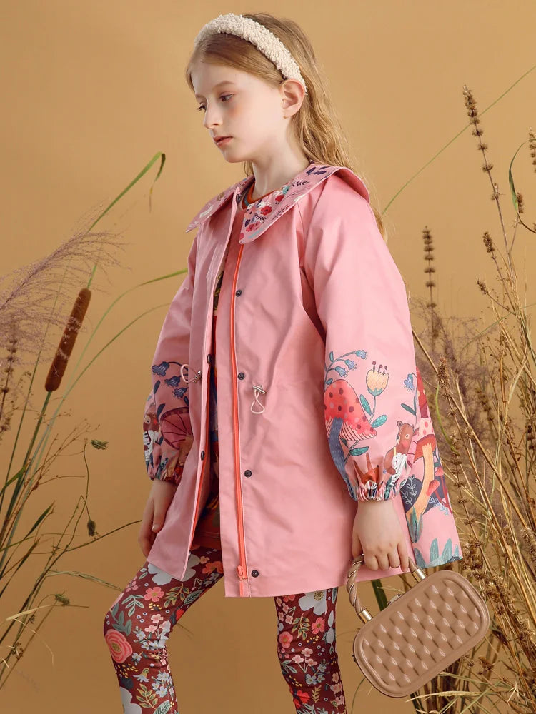 Flowers Printed Peter Pan Collar Girls Trench Coat childrensterritory