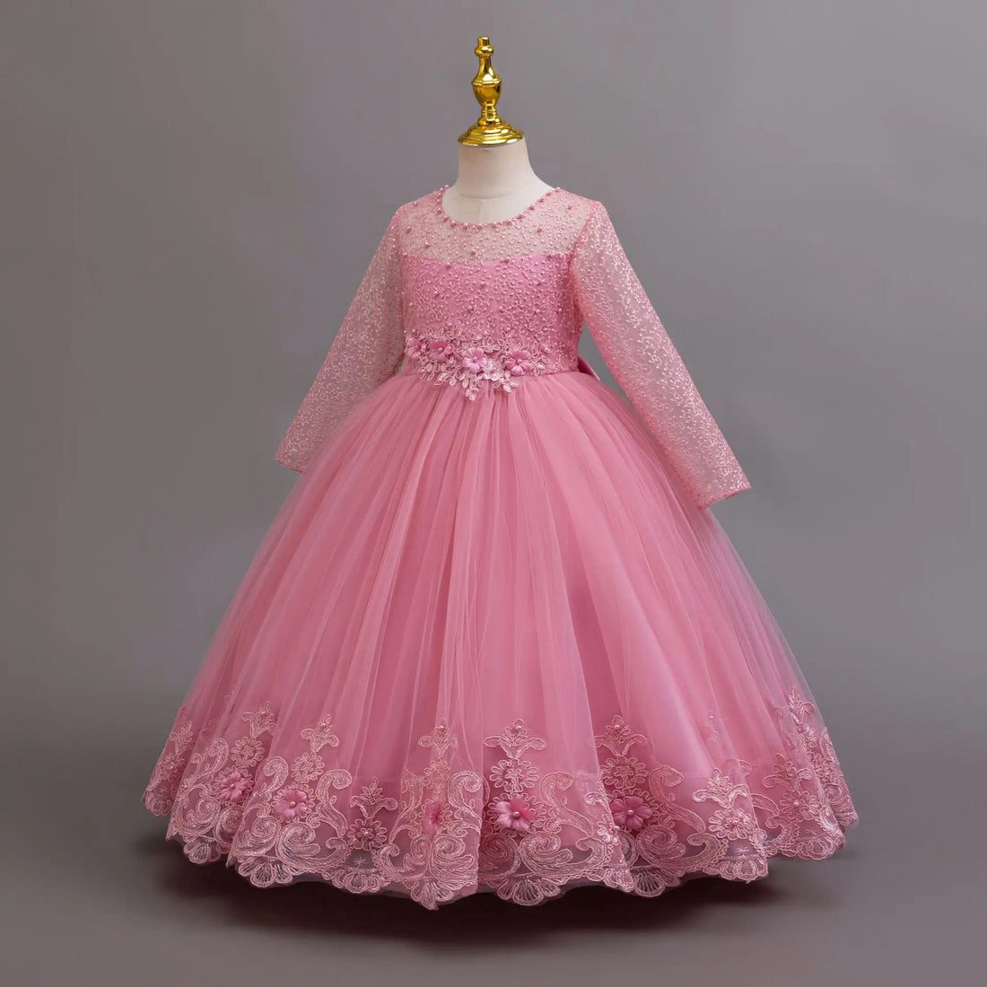 Long Sleeve Flower Design Elegant Dress For Girls childrensterritory