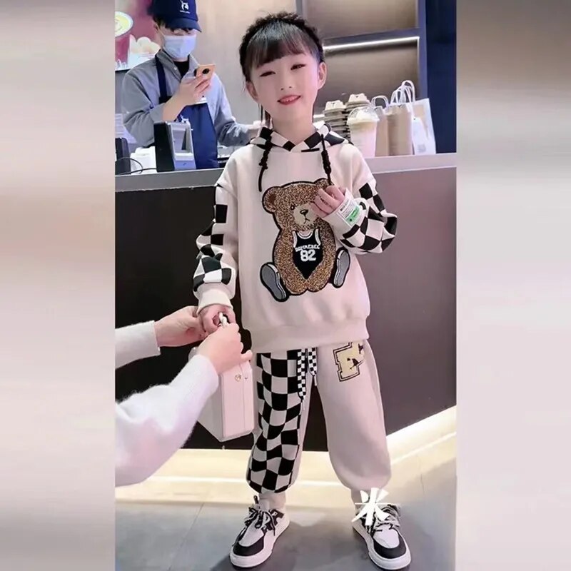 Kids Cartoon Bear Design Plush Hooded 2pcs Sports Suit Set childrensterritory