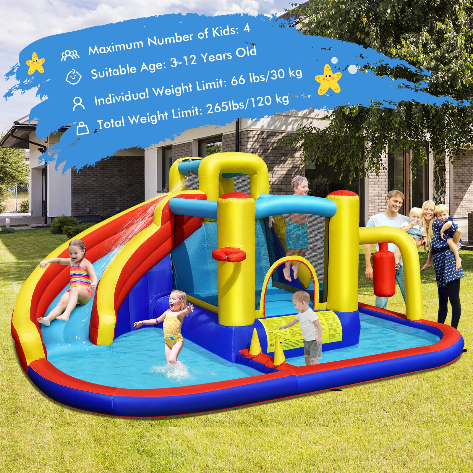 Kids 7-in-1 Inflatable Water Slide and Bounce Castle With 735W Air Blower childrensterritory