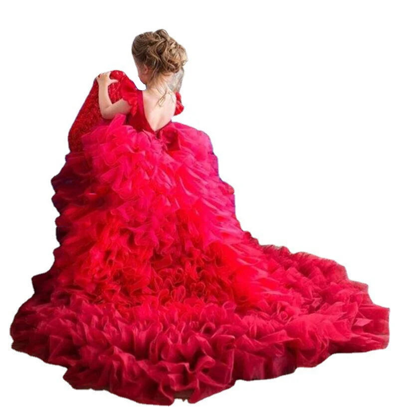 Kids Girls Tulle Red High/Low Fluffy Princess Wedding Dress childrensterritory