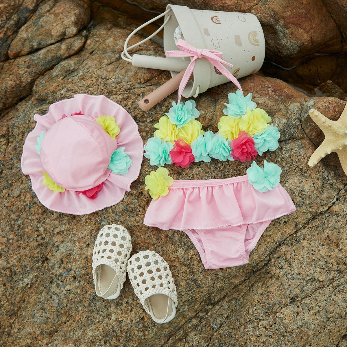 Baby Girl 3pcs Flower Halter Top with Shorts and Sun hat Swimwear