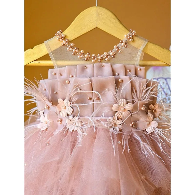 Little Girls Flower Beaded Mesh Puffy Princess Dress childrensterritory