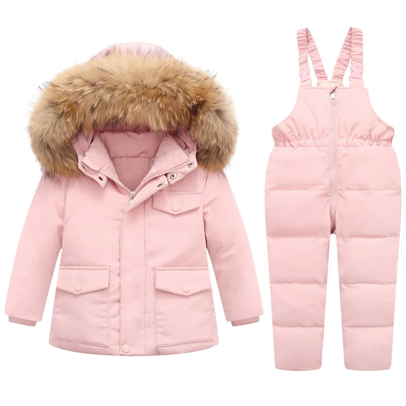 Kids Real Fur Hooded Down Parka/Snowsuit Set