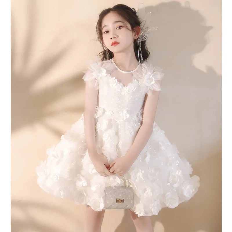3D Flower Puffy Sleeve Girls White Lace Dresses for Birthday childrensterritory