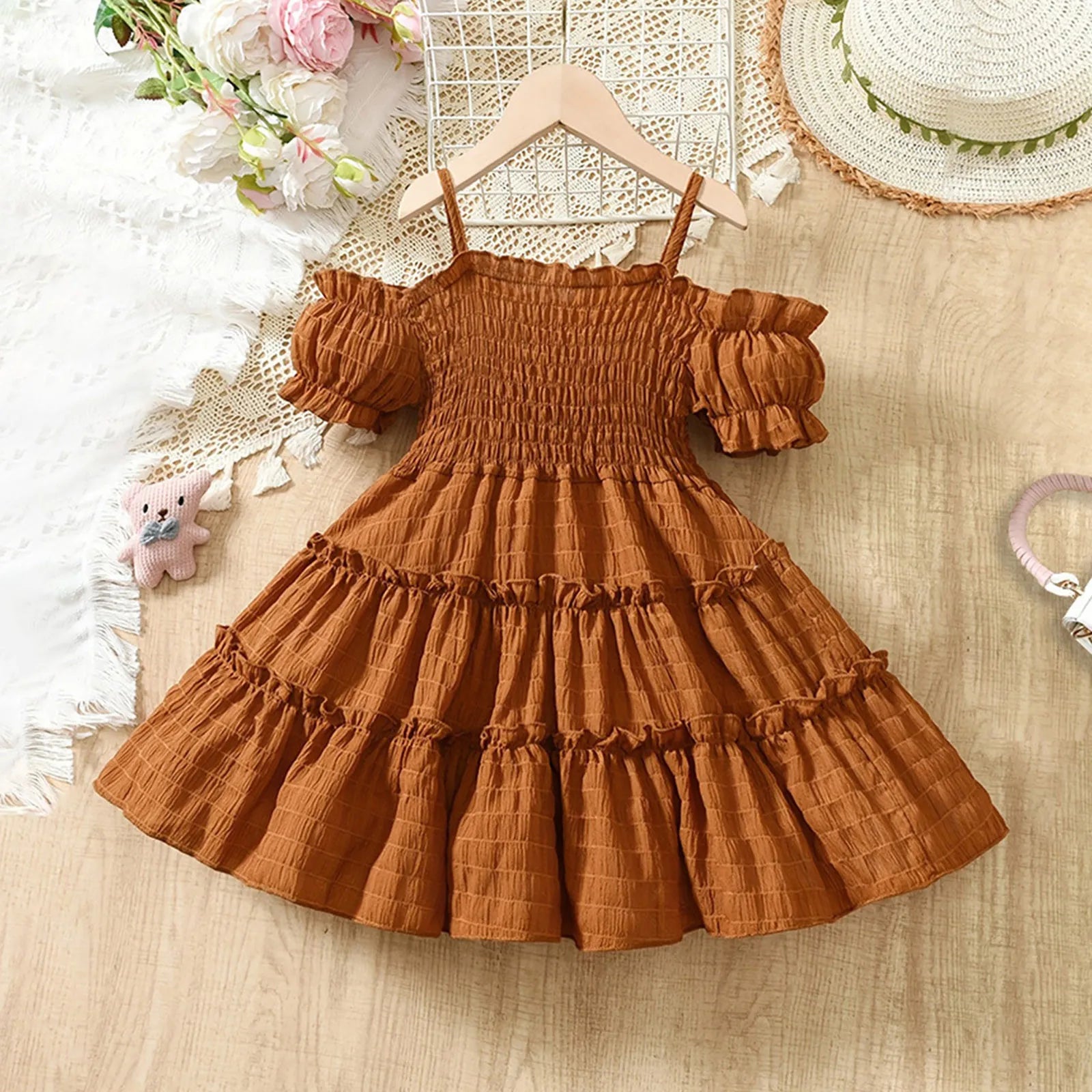 Cold Shoulder Shirred Frill Beach Party Dress for Young Girls
