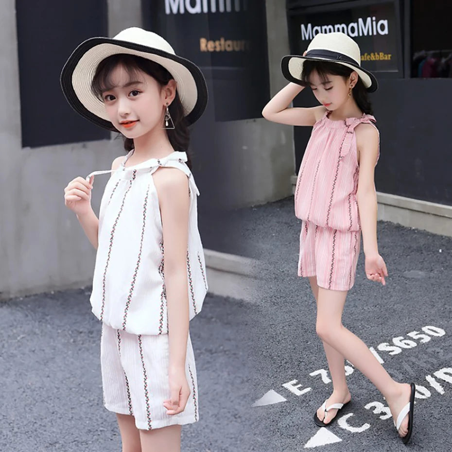 Girls Striped Pattern Vest and Shorts Set For Summer childrensterritory