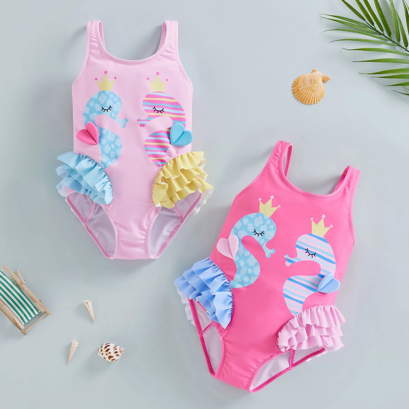 Cartoon Seahorse Print Sleeveless Kid Girl Swimsuit
