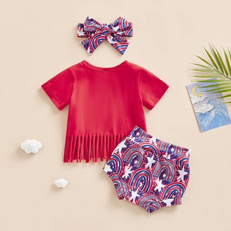 Stars Rainbow Print 3Pcs Baby Girl Independence Day Outfit childrensterritory